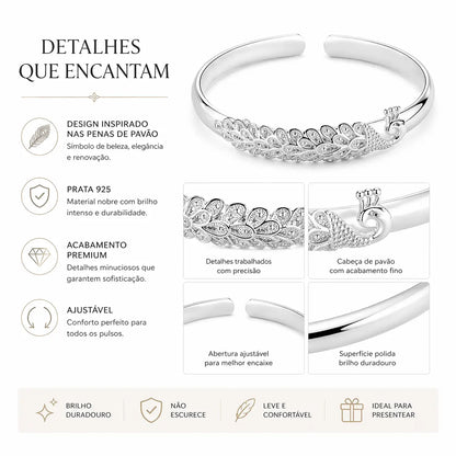 Bracelete pavão em prata 925 ideal para presente elegante e sofisticado