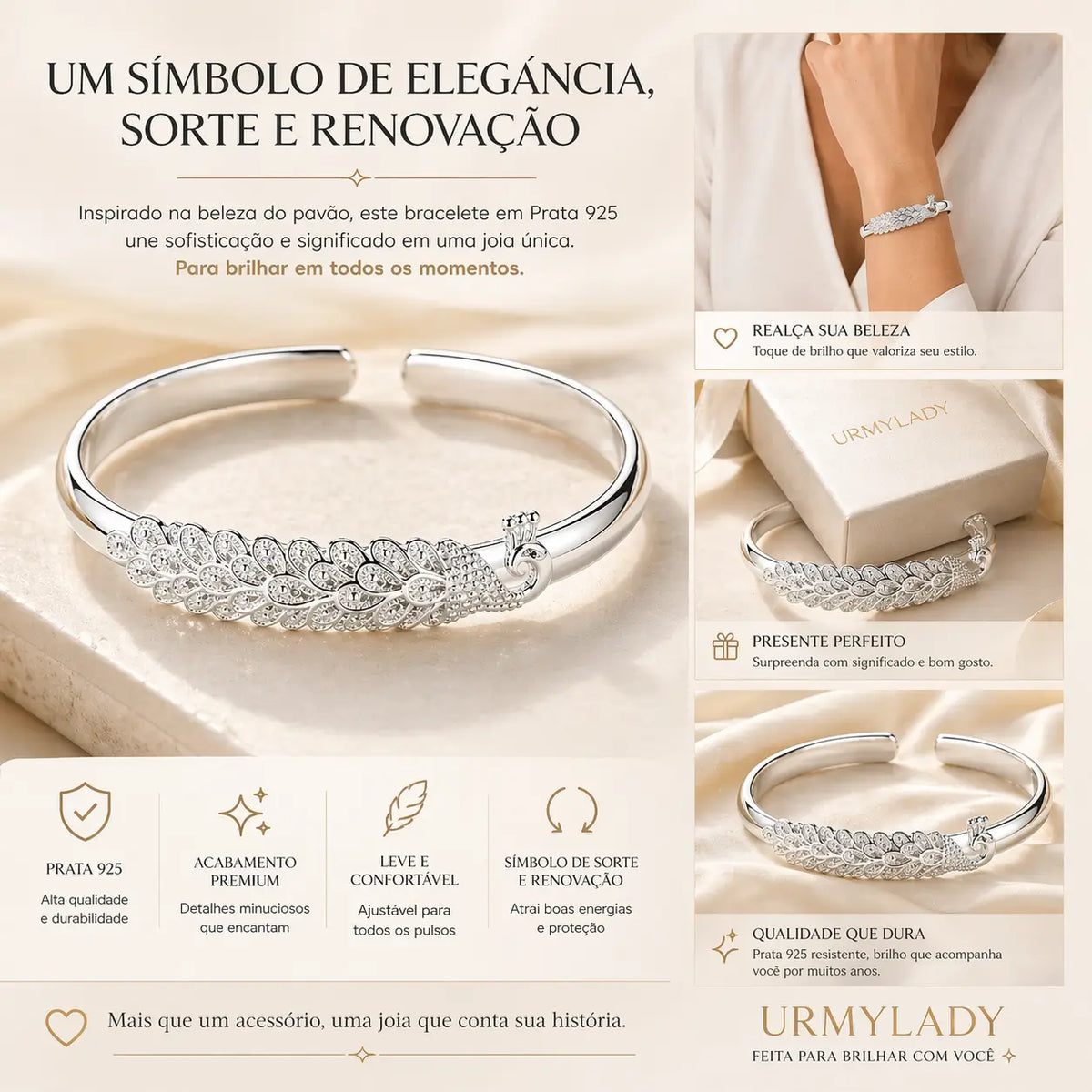 Bracelete feminino pavão em prata 925 símbolo de elegância e sofisticação