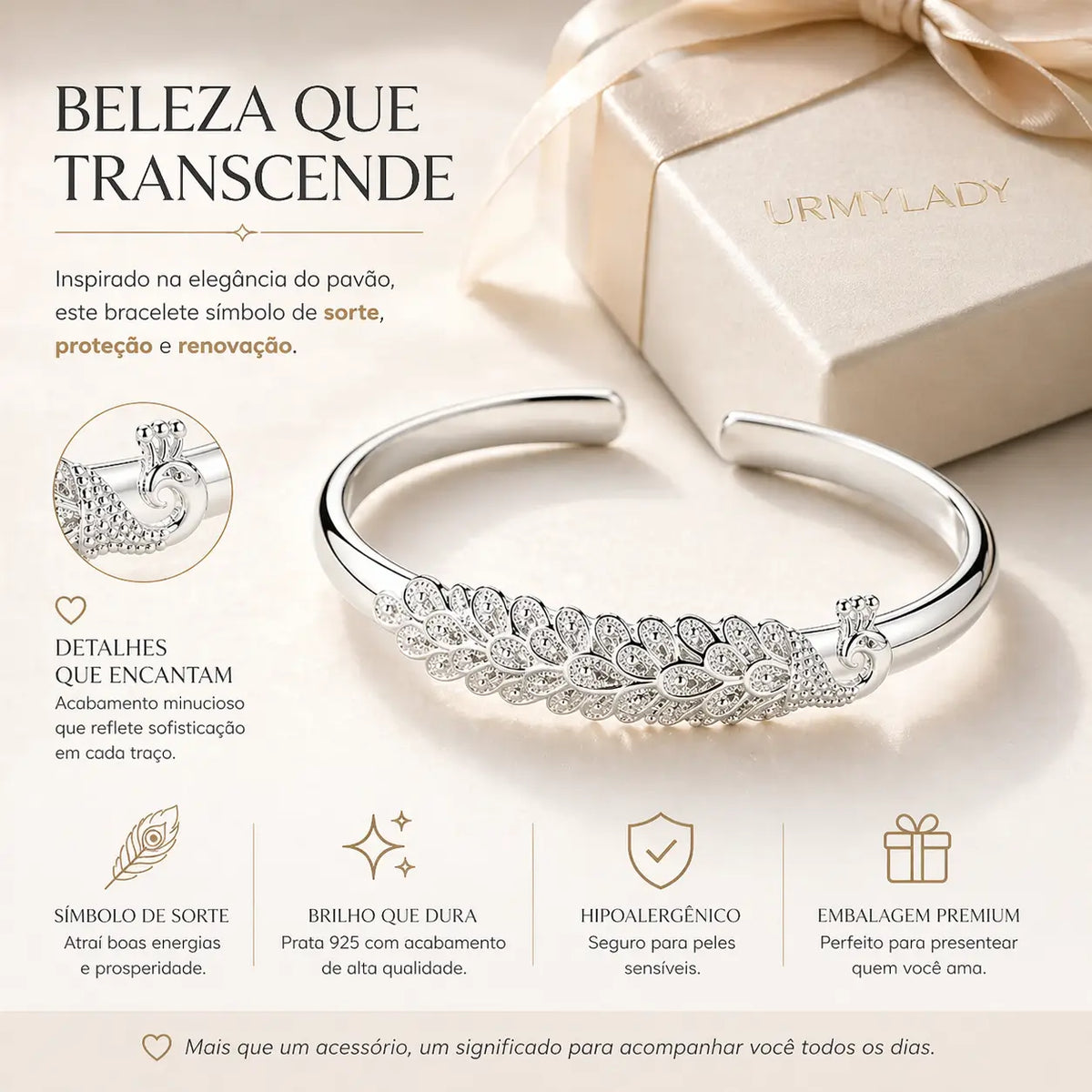 Detalhes do bracelete pavão em prata 925 com acabamento fino e design delicado