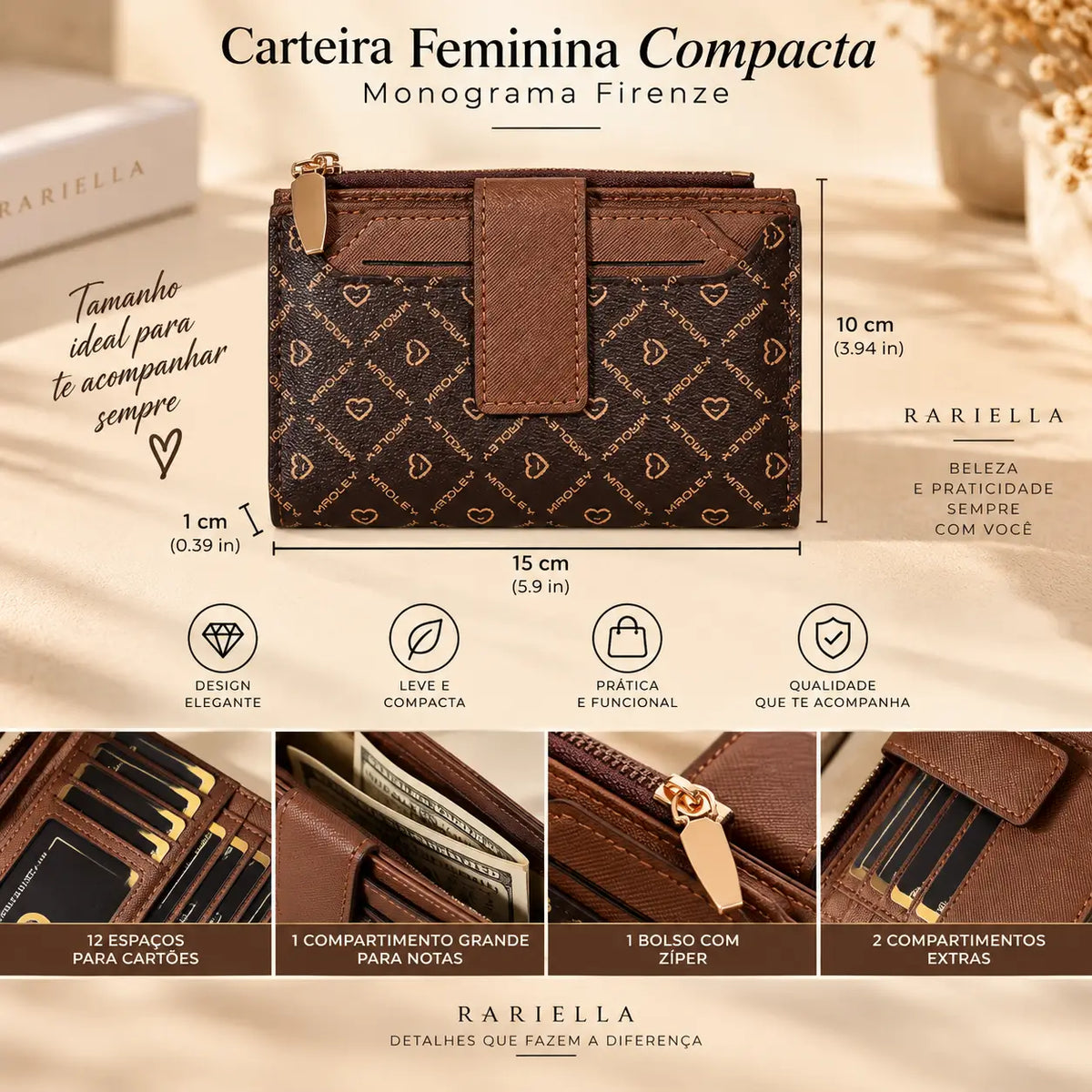 Detalhes da Carteira Feminina Monograma Firenze com acabamento marrom, zíper e ferragens