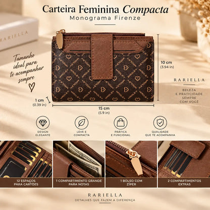 Detalhes da Carteira Feminina Monograma Firenze com acabamento marrom, zíper e ferragens
