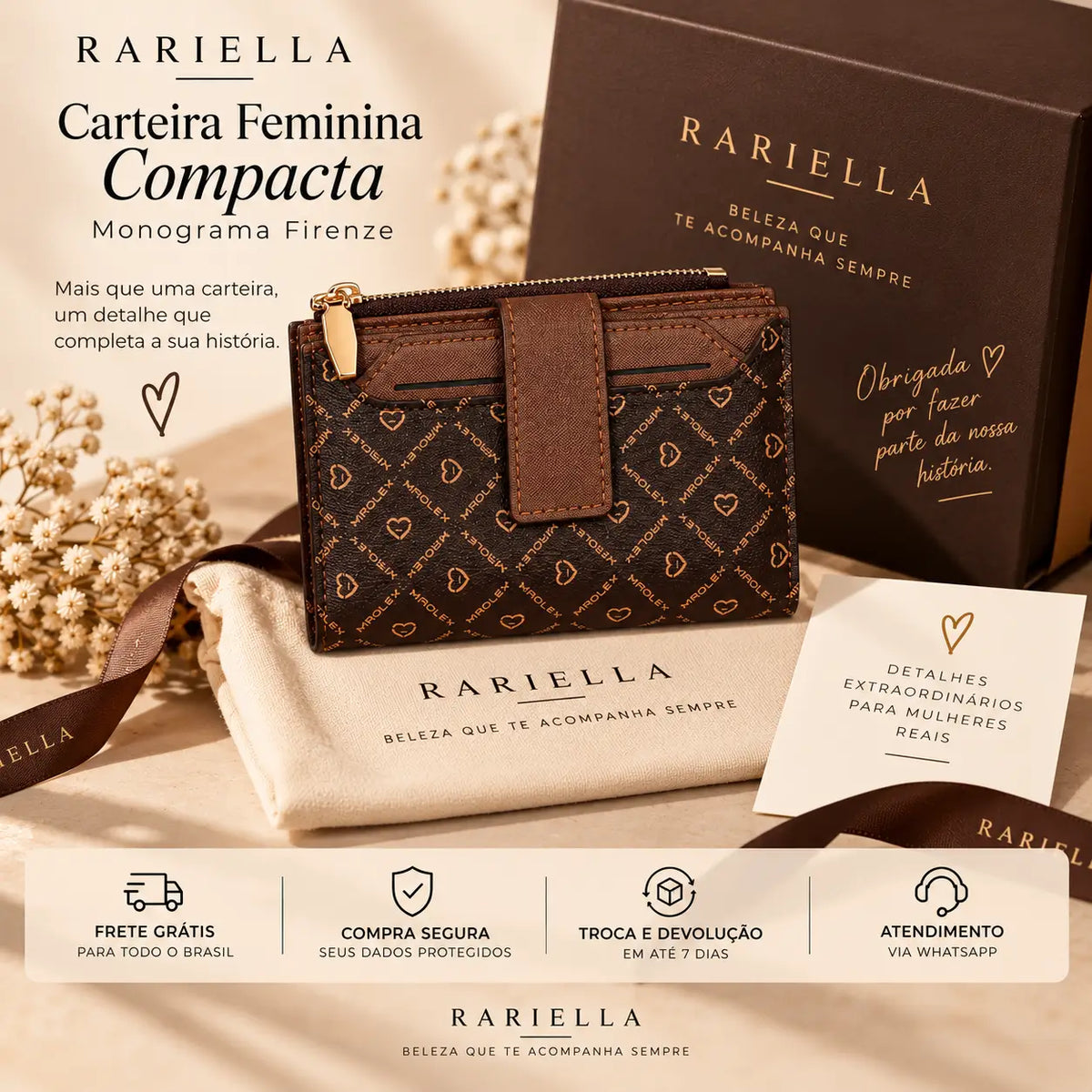 Carteira Feminina Monograma Firenze marrom da Rariella com design compacto e elegante