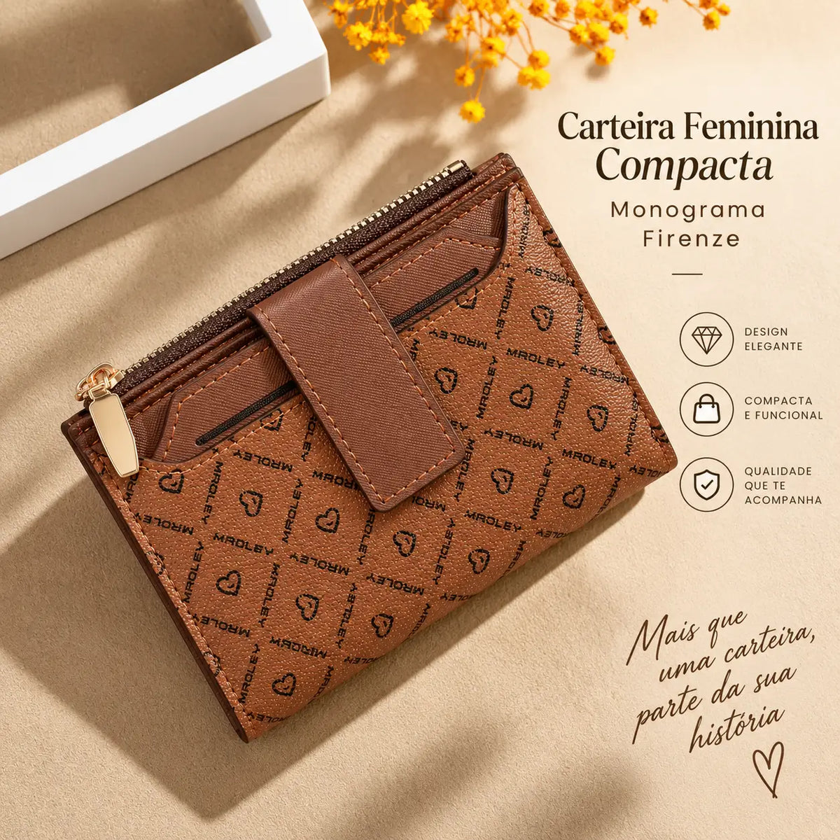 Carteira Feminina Compacta Monograma Firenze marrom com design elegante e fechamento com botão