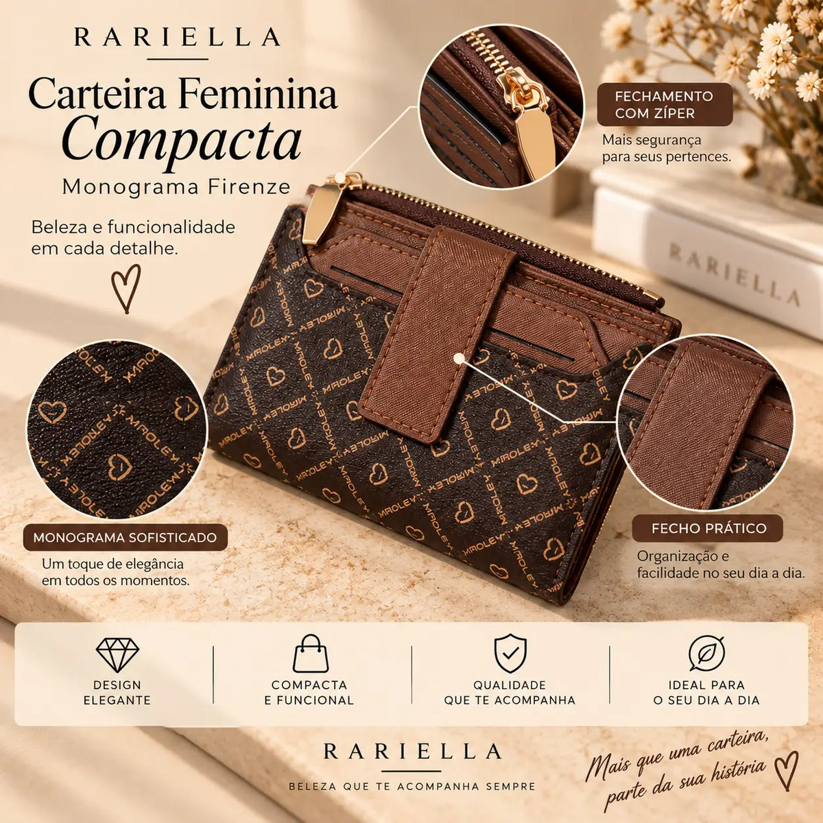 Carteira Feminina Firenze com design compacto, monograma marrom e fechamento com botão
