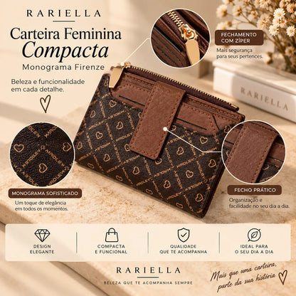 Carteira Feminina Firenze com design compacto, monograma marrom e fechamento com botão