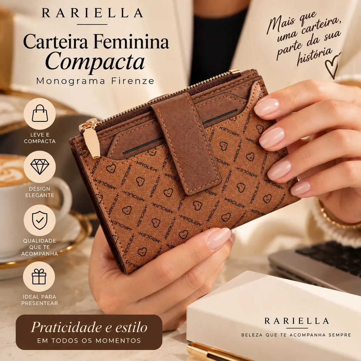 Carteira Feminina Compacta Firenze marrom sendo segurada na mão para uso no dia a dia