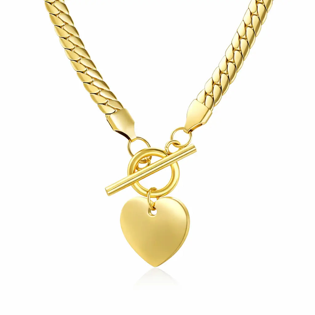 Colar Coração Eterno dourado em aço inoxidável com pingente de coração e fecho tipo toggle, foto em fundo branco.