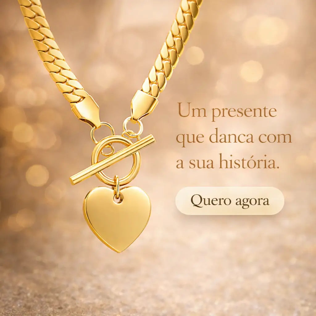 Imagem de campanha do Colar Coração Eterno dourado com fundo bokeh e CTA “Quero agora”, sugerindo presente marcante.