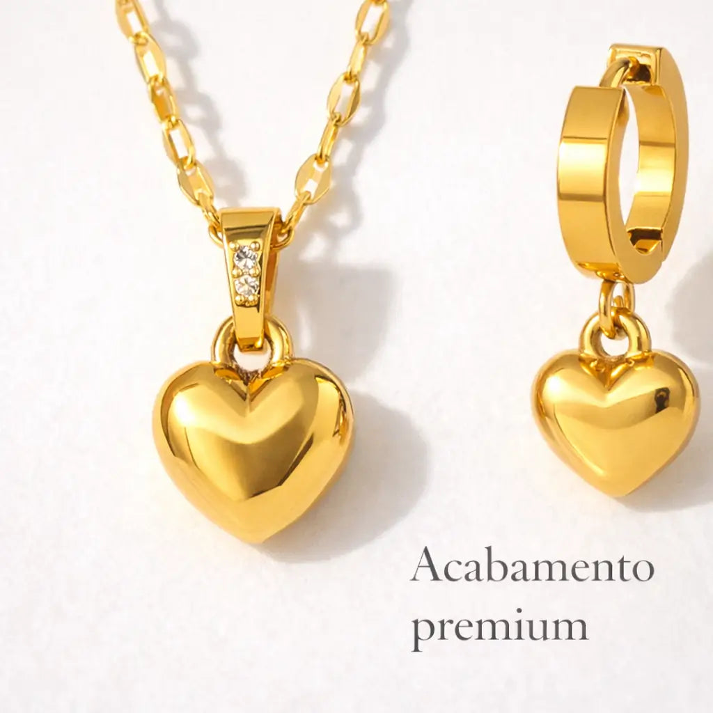 conjunto feminino dourado 18k colar e brinco coração acabamento premium aço inoxidável 316l