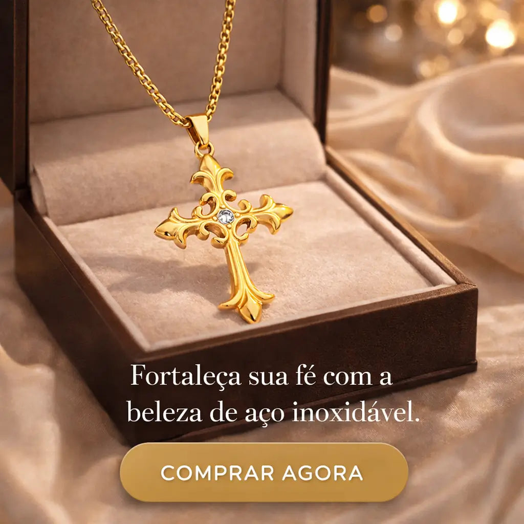 Colar Cruz Áurea™ dourado com pingente de cruz em aço inoxidável em caixa premium, símbolo de fé, proteção espiritual e elegância, ideal para presentear