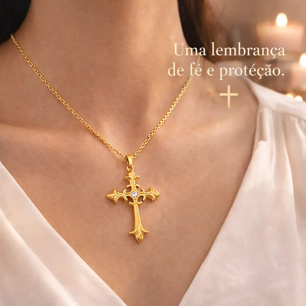 Colar Cruz Áurea™ dourado com pingente de cruz em aço inoxidável sendo usado no pescoço feminino, símbolo de fé, proteção espiritual e devoção