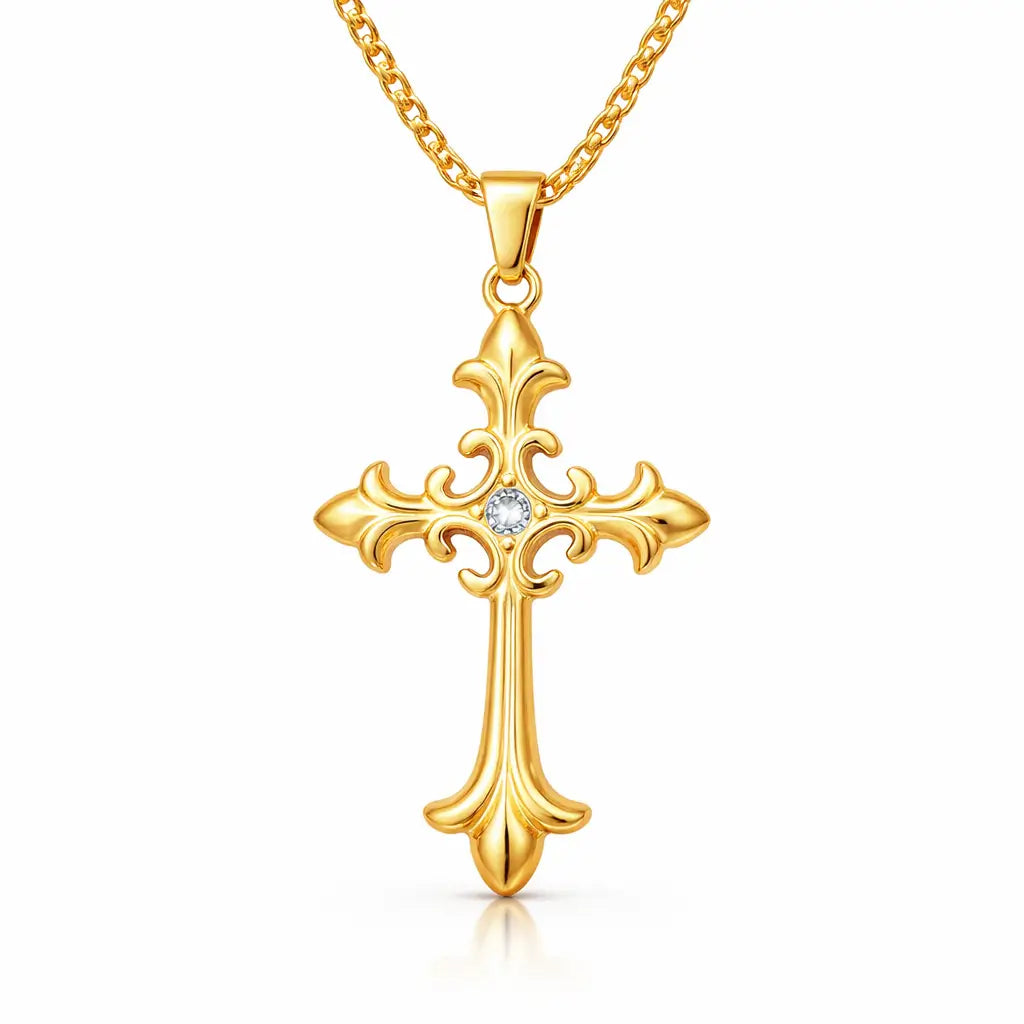 Colar Cruz Áurea™ dourado com pingente de cruz em aço inoxidável premium, design elegante com detalhe central em zircônia, símbolo de fé e proteção