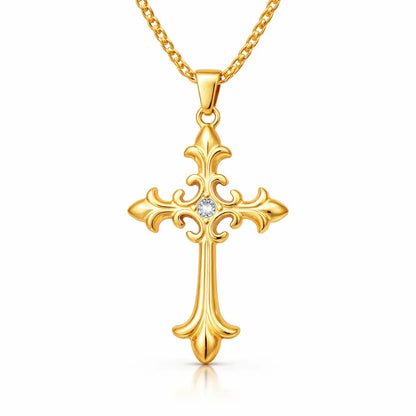 Colar Cruz Áurea™ dourado com pingente de cruz em aço inoxidável premium, design elegante com detalhe central em zircônia, símbolo de fé e proteção