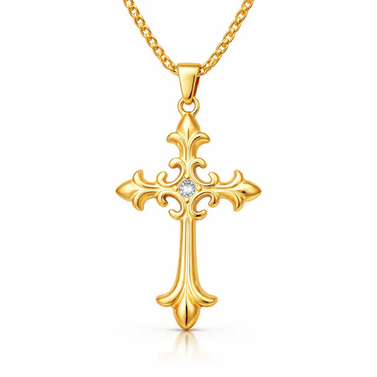 Colar Cruz Áurea™ dourado com pingente de cruz em aço inoxidável premium, design elegante com detalhe central em zircônia, símbolo de fé e proteção