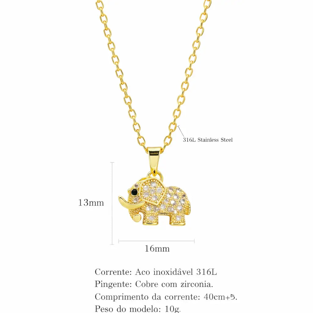 Colar dourado com pingente de elefante cravejado em zircônia, com medidas de 13mm por 16mm, corrente em aço inoxidável 316L e comprimento ajustável