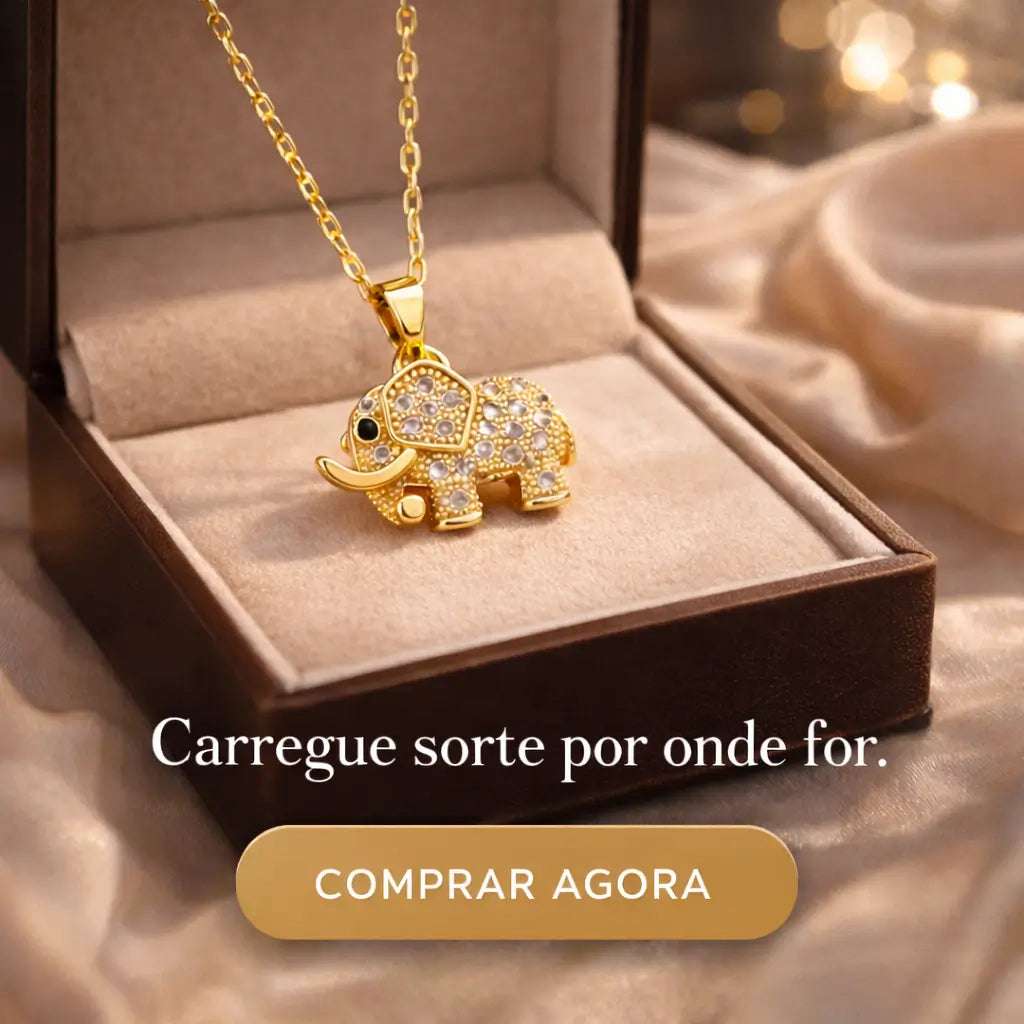 Colar feminino dourado com pingente de elefante cravejado em zircônia em caixa premium, símbolo de sorte, prosperidade e proteção, ideal para presentear