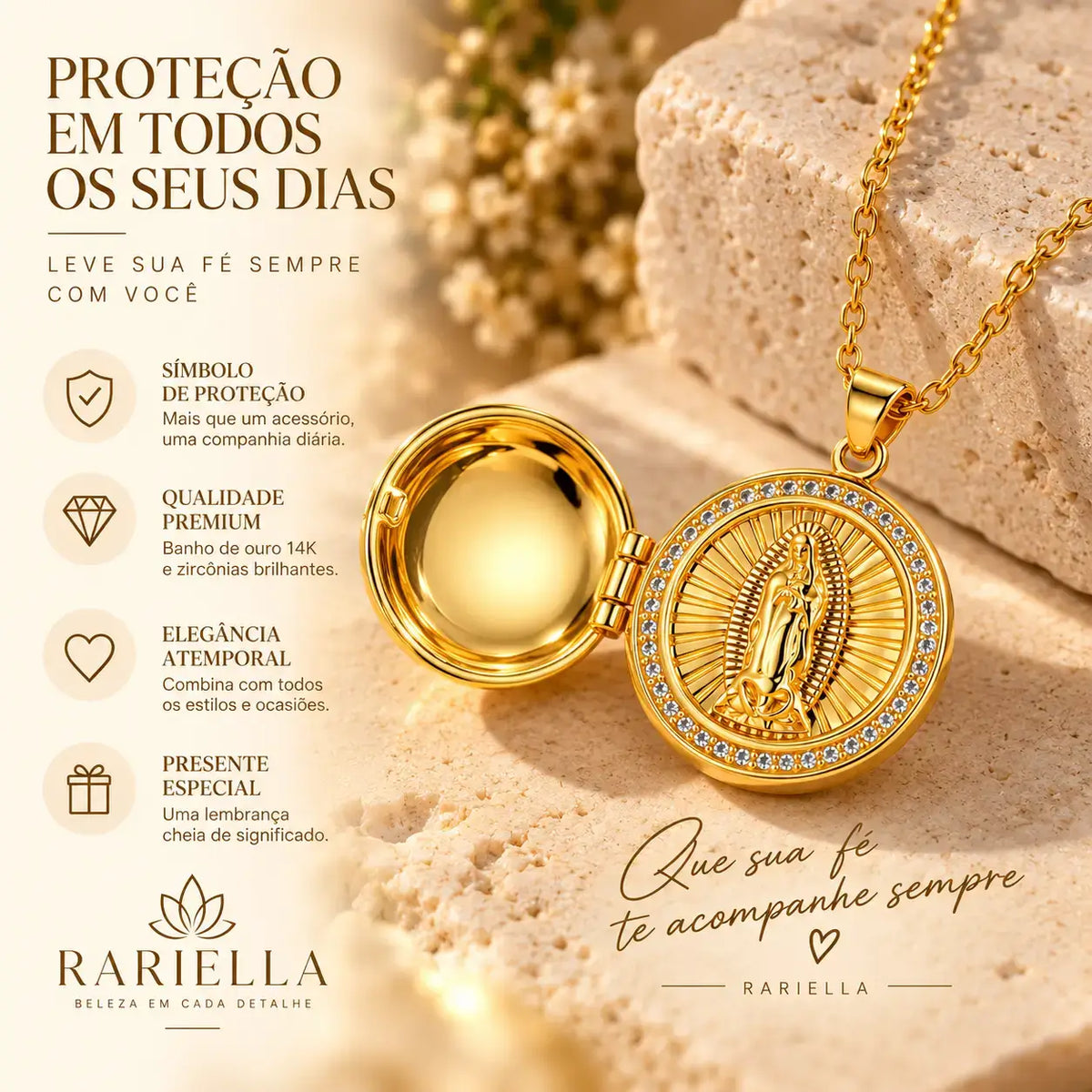 Detalhes do Colar Nossa Senhora dourado e da medalha religiosa feminina
