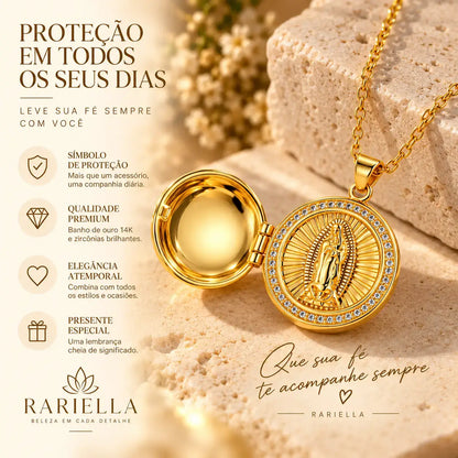 Detalhes do Colar Nossa Senhora dourado e da medalha religiosa feminina