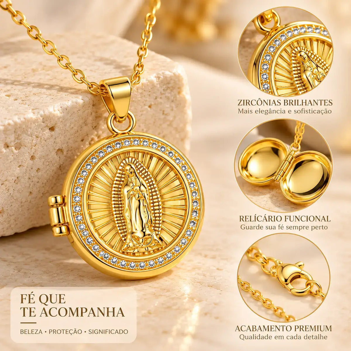 Detalhes do Colar Nossa Senhora dourado com medalha e corrente feminina