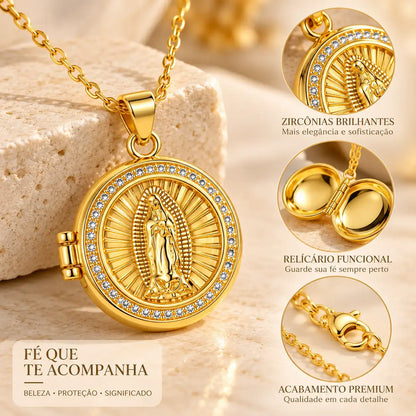 Detalhes do Colar Nossa Senhora dourado com medalha e corrente feminina