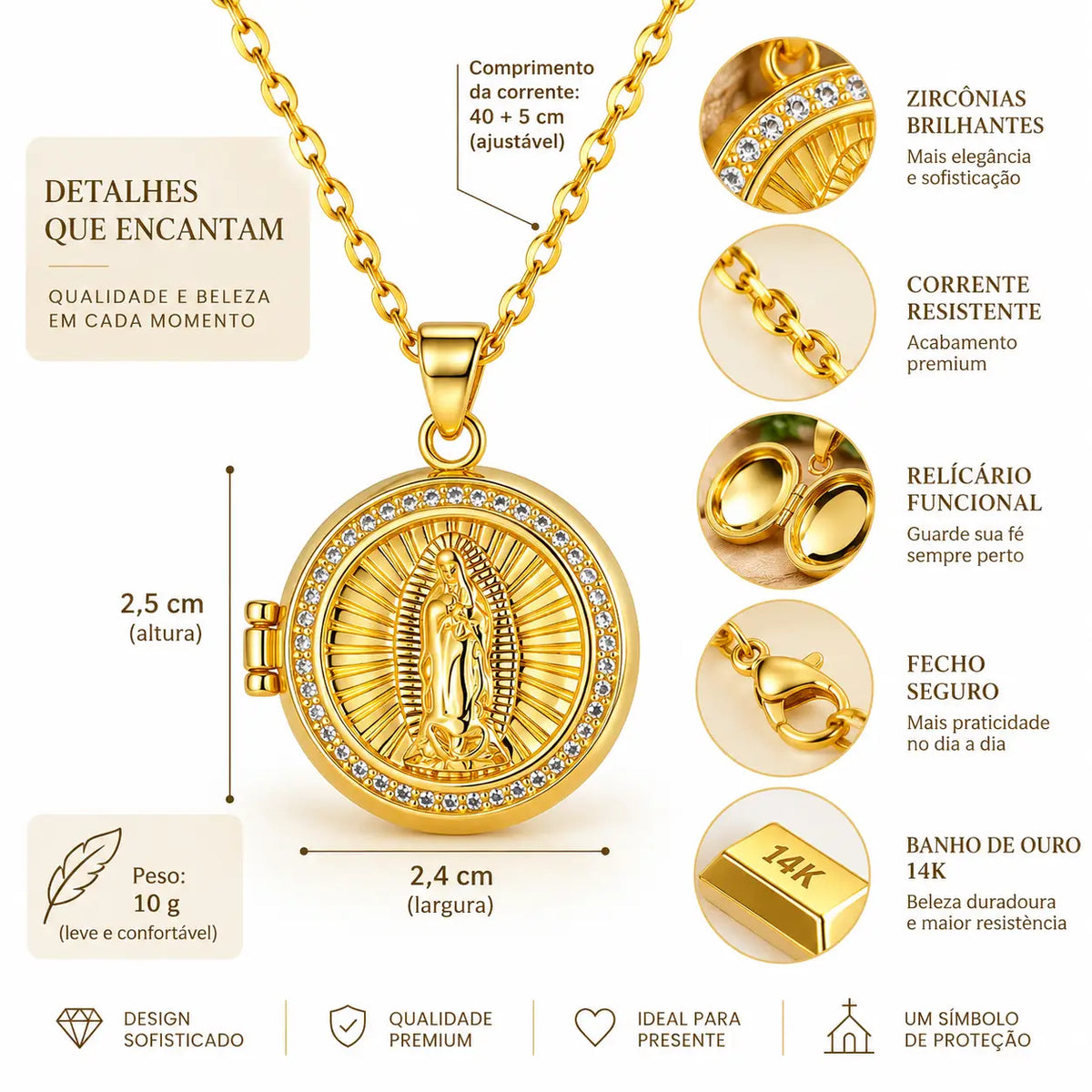 Medidas e detalhes do Colar Nossa Senhora dourado com medalha religiosa feminina