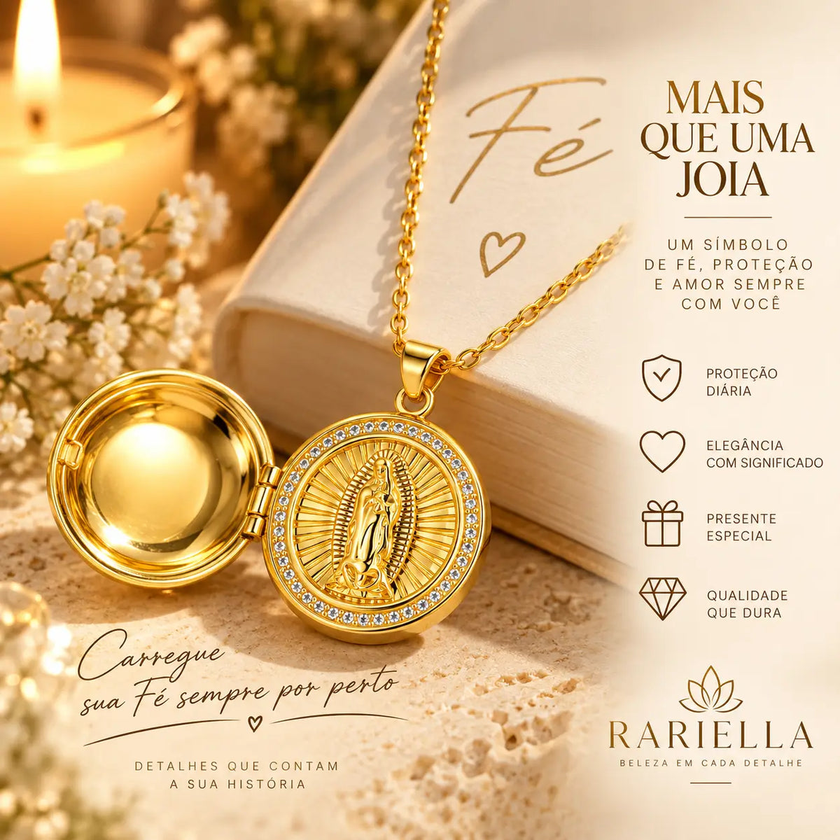 Colar Nossa Senhora dourado com detalhes e significado da medalha religiosa