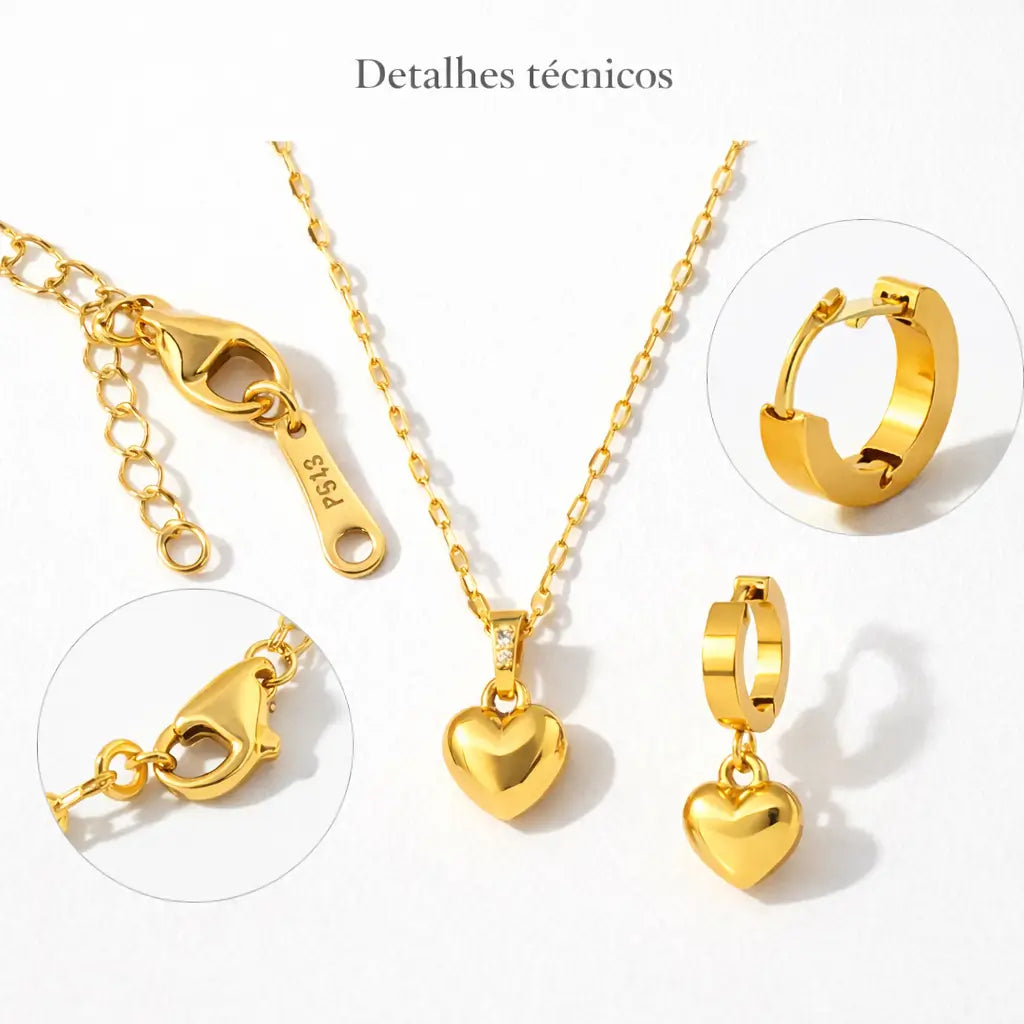 detalhes colar dourado 18k feminino fecho corrente aço inoxidável 316l conjunto coração