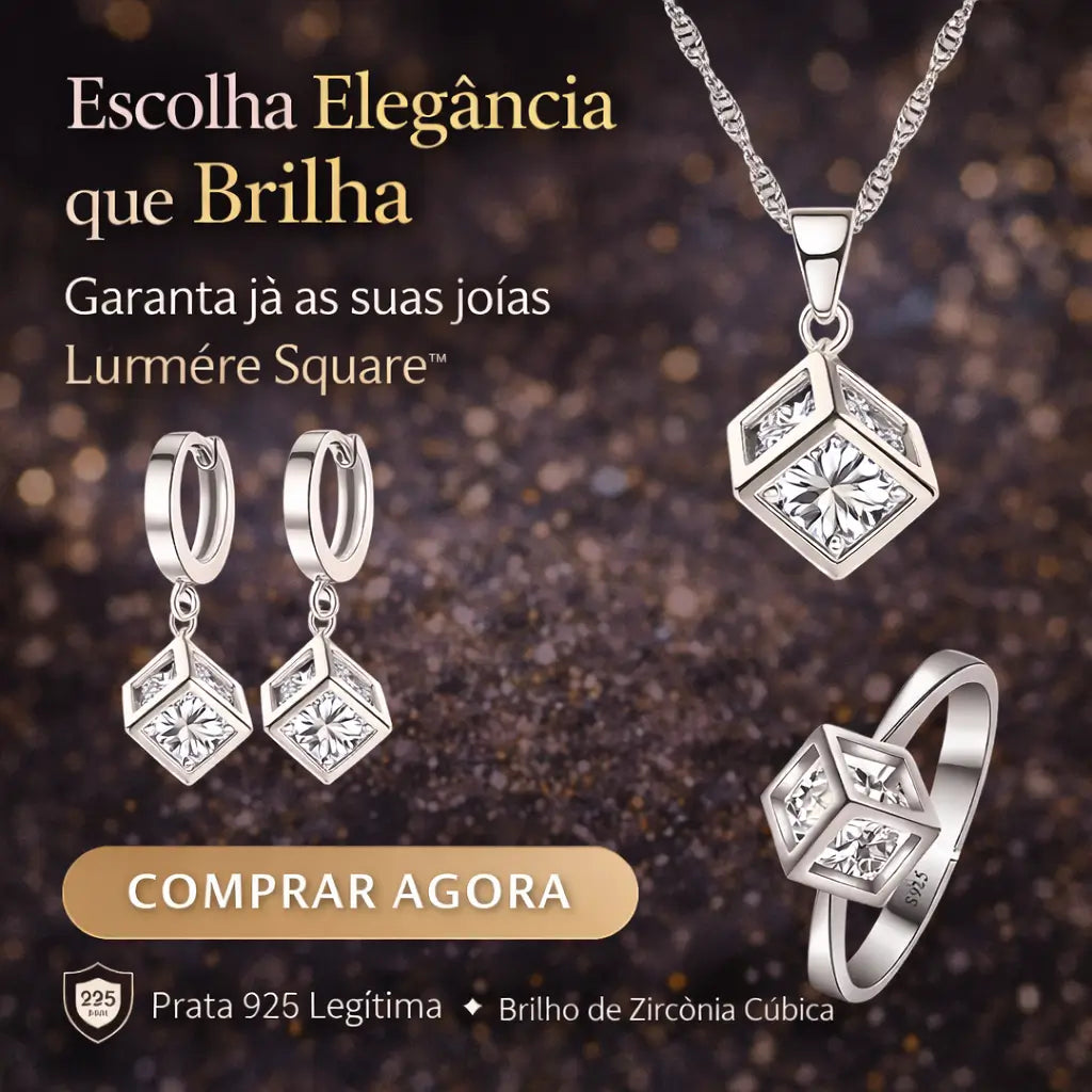 Imagem promocional do Conjunto Lumière Square™ em prata 925 com zircônia cúbica, colar, brincos e anel femininos com chamada para compra
