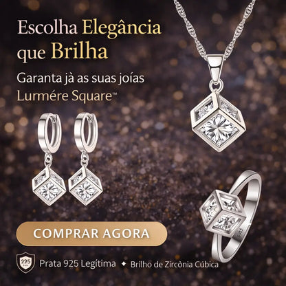 Imagem promocional do Conjunto Lumière Square™ em prata 925 com zircônia cúbica, colar, brincos e anel femininos com chamada para compra