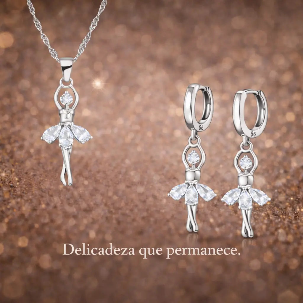 Conjunto Ballet Lumière em Prata 925 com zircônia cúbica em cenário sofisticado, joia feminina que simboliza delicadeza e elegância.