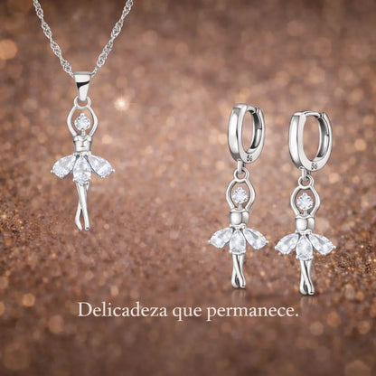 Conjunto Ballet Lumière em Prata 925 com zircônia cúbica em cenário sofisticado, joia feminina que simboliza delicadeza e elegância.