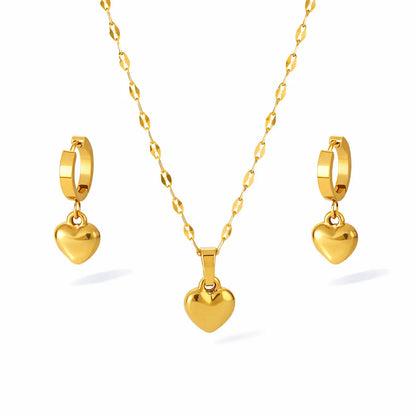 conjunto feminino dourado 18k colar brincos coração elegante