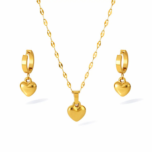 conjunto feminino dourado 18k colar brincos coração elegante