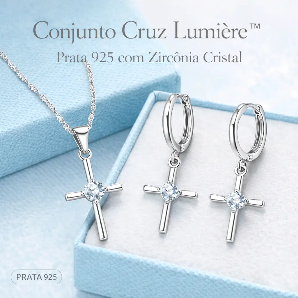 Colar e brincos do Conjunto Cruz Lumière em Prata 925 com zircônia cristal organizados em composição elegante.
