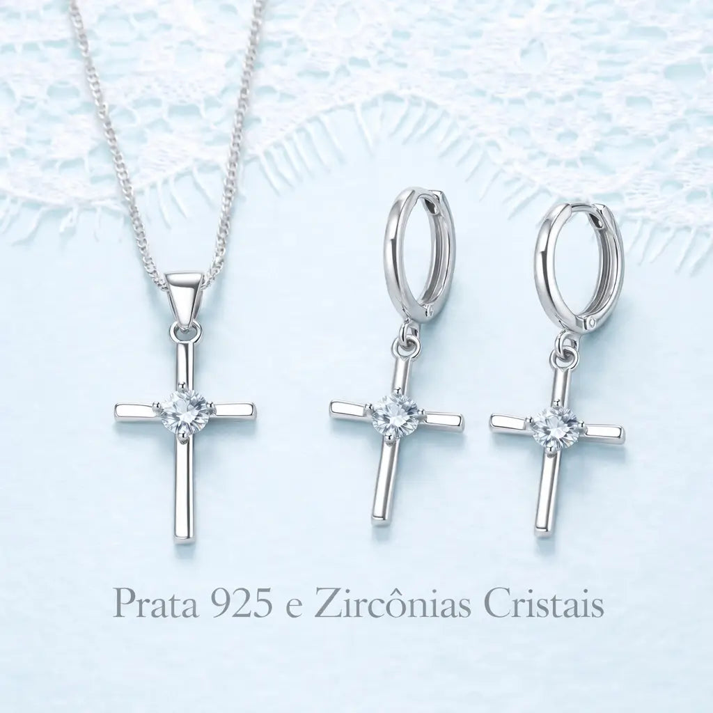 Detalhes do Conjunto Cruz Lumière em Prata 925 com zircônia: corrente, fechos e estrutura dos brincos com acabamento polido.