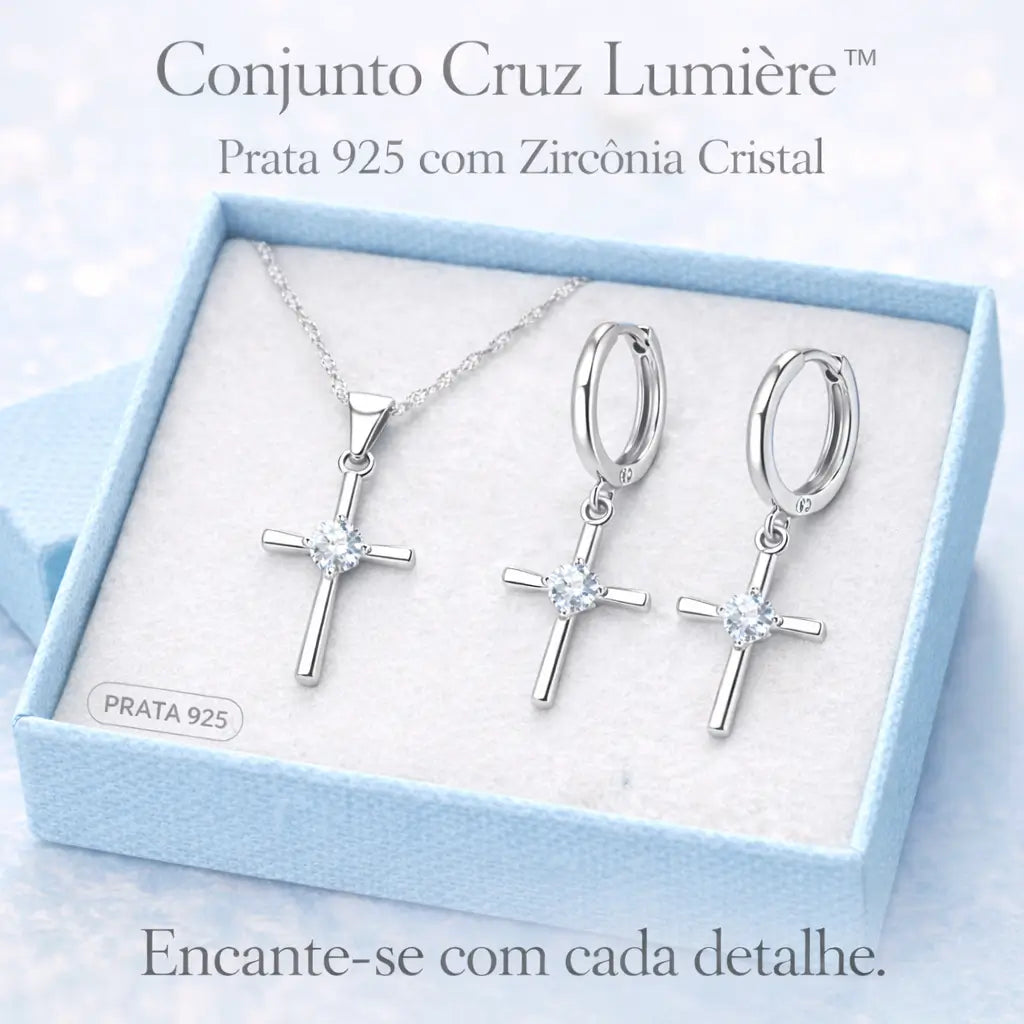 Imagem final do Conjunto Cruz Lumière em Prata 925 com zircônia cristal com apelo emocional e chamada discreta para compra.