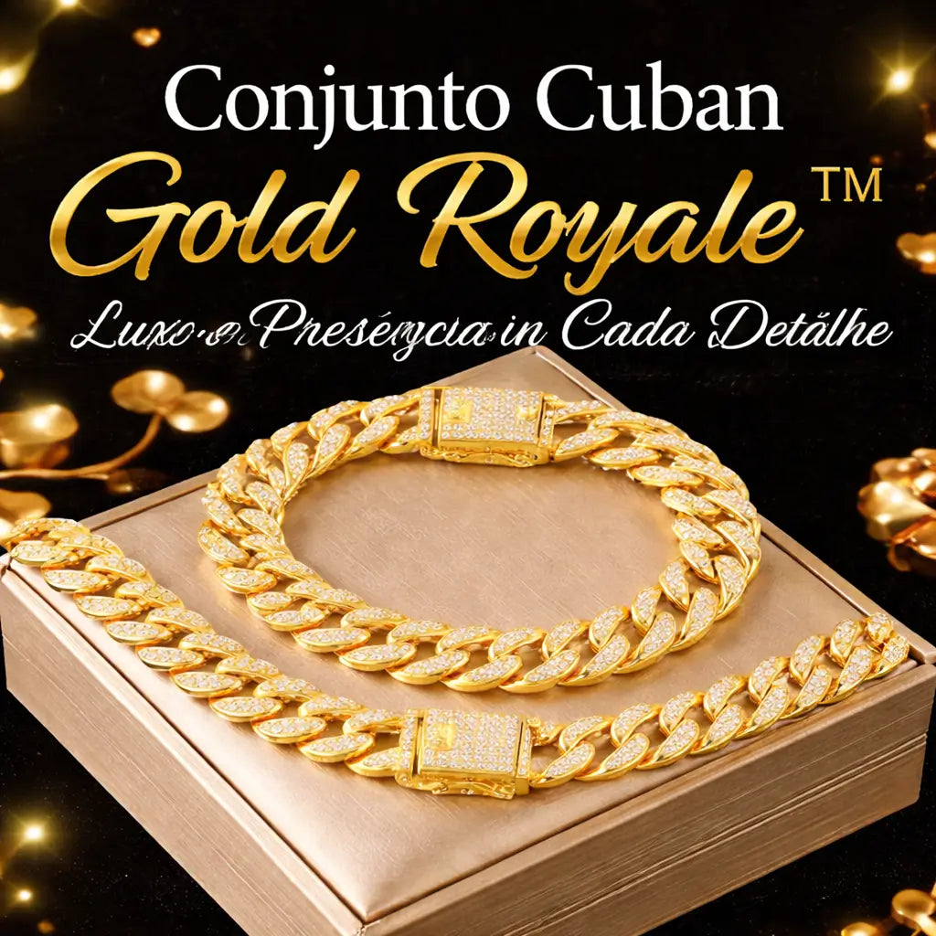 Conjunto Cuban Gold Royale dourado com colar e pulseira na caixa