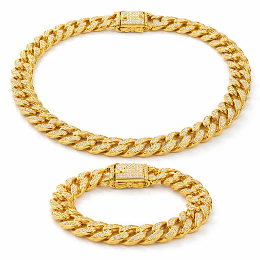 Conjunto Cuban Gold Royale dourado com colar e pulseira estilo cuban cravejado com pedras brilhantes luxo feminino