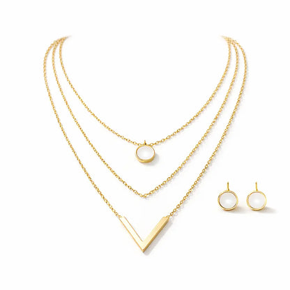 Conjunto feminino dourado 18K em aço inoxidável com colar delicado em camadas e brincos elegantes, design minimalista e acabamento premium.