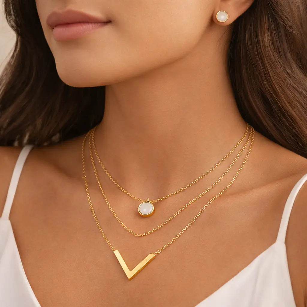 Conjunto feminino dourado 18K em aço inoxidável com colar em camadas e brincos redondos, joia elegante usada no corpo com acabamento premium