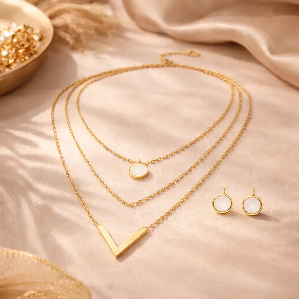 Conjunto feminino dourado 18K em aço inoxidável com colares em camadas e brincos delicados, design elegante e acabamento sofisticado para uso diário ou ocasiões especiais.