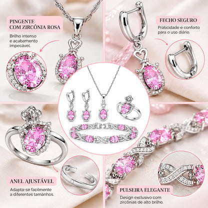 Conjunto Feminino Lumière com colar, brincos, anel e pulseira com pedras rosa