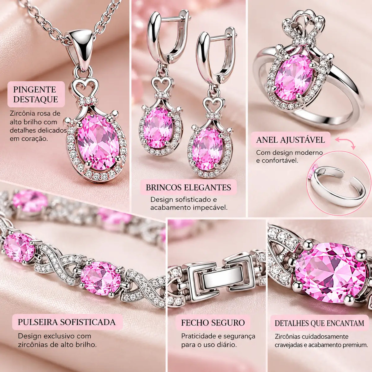 Joias do Conjunto Feminino Lumière destacando pedras rosa e acabamento prateado