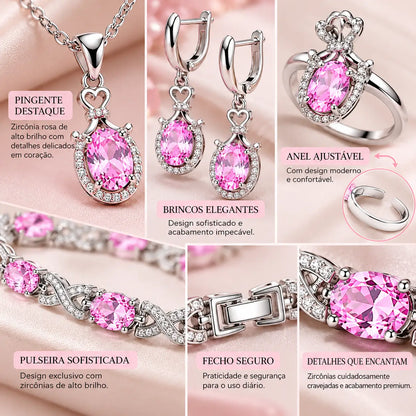 Joias do Conjunto Feminino Lumière destacando pedras rosa e acabamento prateado