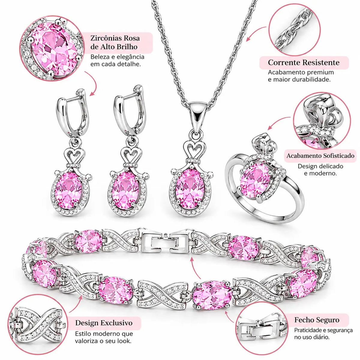 Detalhes do Conjunto Feminino Lumière com pedras rosa e acabamento prateado