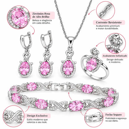 Detalhes do Conjunto Feminino Lumière com pedras rosa e acabamento prateado