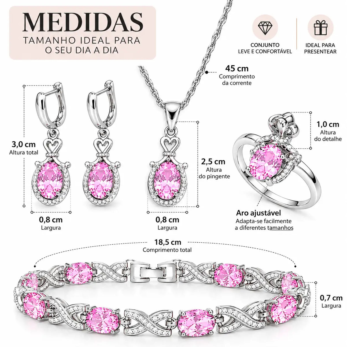 Conjunto Feminino Lumière prateado com pedras rosa mostrando medidas das joias