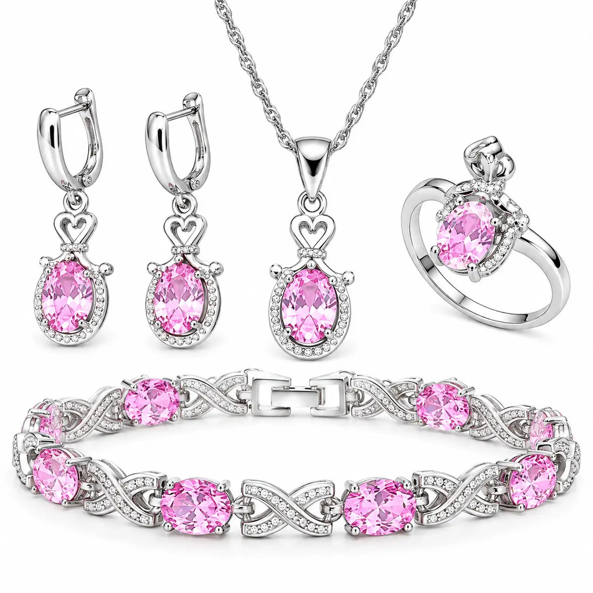 Conjunto Feminino Lumière prateado com pedras rosa, colar, brincos, anel e pulseira em fundo branco