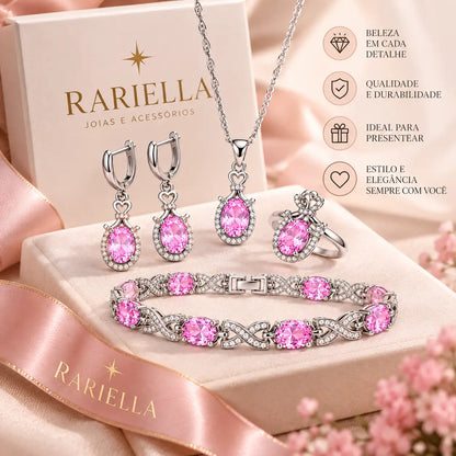 Conjunto Feminino Lumière prateado com pedras rosa apresentado em composição Rariella