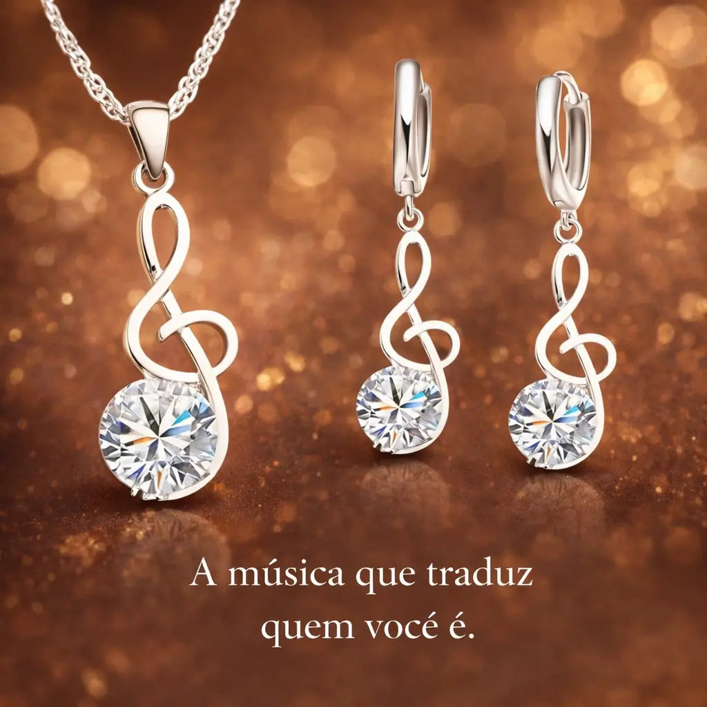 Conjunto completo Harmonia Lumière com colar e brincos em prata 925, joia feminina elegante com zircônia cúbica